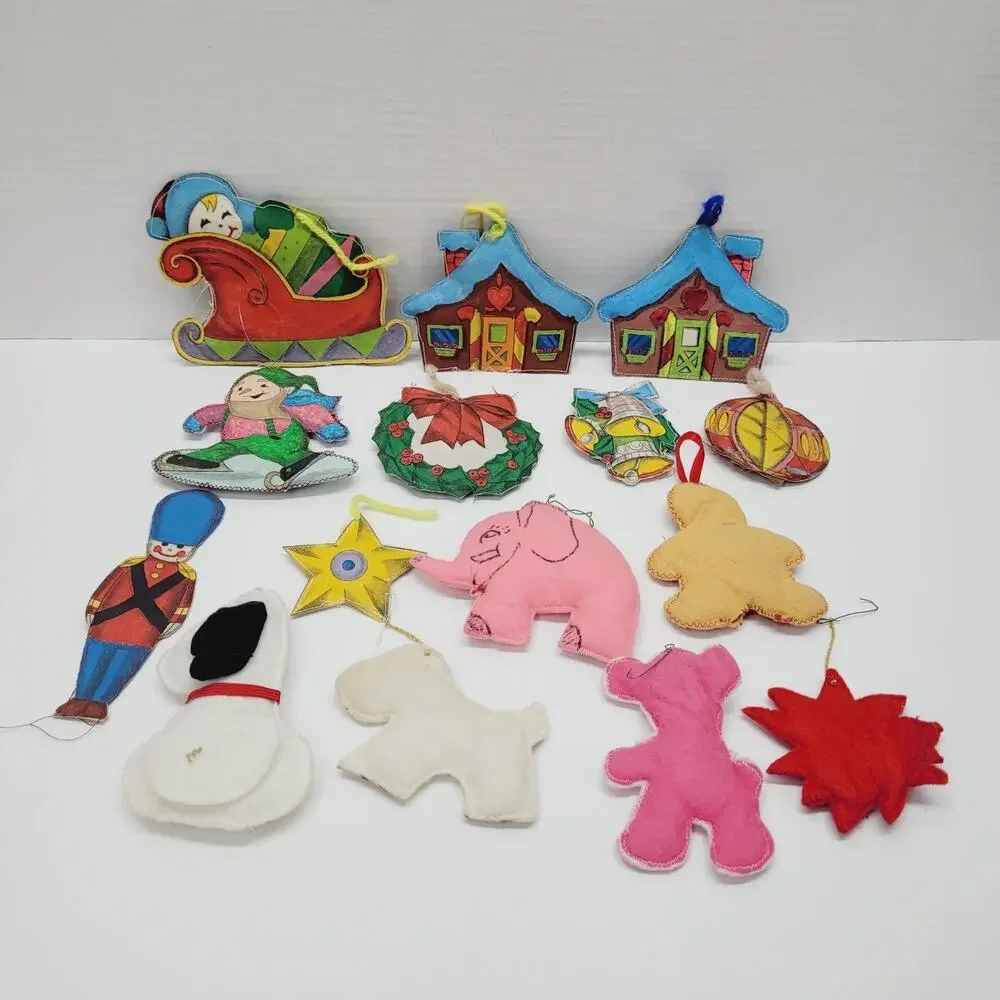 Handmade Sewn Painted Christmas Stitched Stuffed Fabric Ornaments Vtg Lot of 15